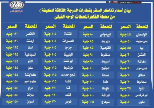 أسعار تذاكر الدرجة الثالثة المكيفة من القاهرة لمدن ومحافظات الوجه القبلي
