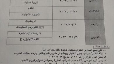 جدول امتحانات شهر نوفمبر للصف الرابع والخامس والسادس الابتدائي 2023