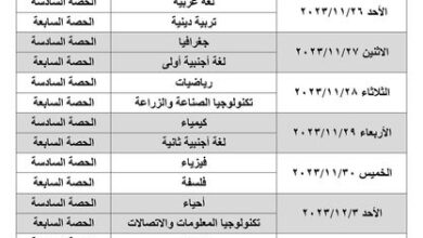  جدول امتحانات شهر نوفمبر للصف الأول والثاني الثانوي 2023