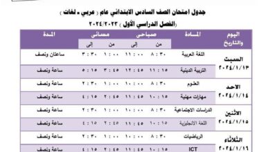 جدول امتحانات الشهادة الابتدائية الفصل الدراسي الأول 2023-2024