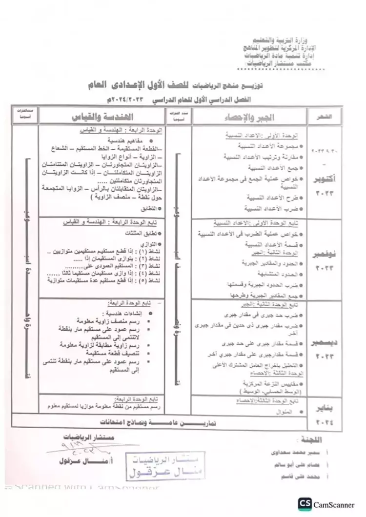 توزيع منهج الرياضيات الصف الأول الإعدادي الترم الأول 2024 2025