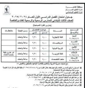 جدول امتحانات الصف الثالث الابتدائي 2025