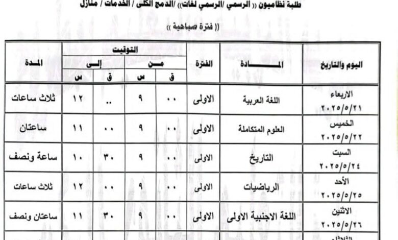 جدول مواعيد امتحانات الترم الثانى أولى و ثانية ثانوى محافظة القاهرة 2025  